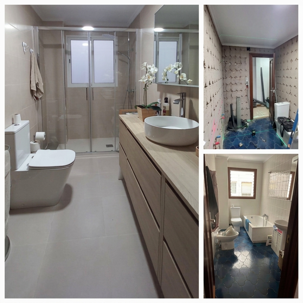 Baño reformado con ducha a ras de suelo y mueble de madera