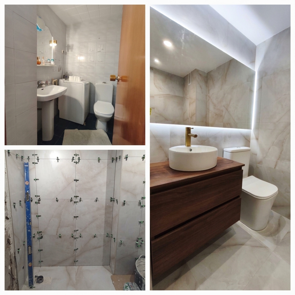 Baño reformado con mueble suspendido y espejo retroiluminado